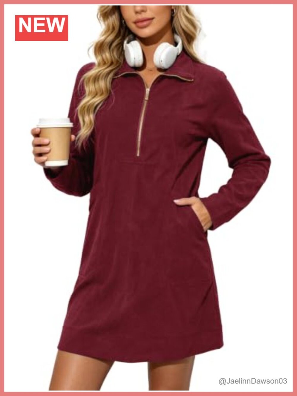 Corduroy Half Zip Shirt Dress Long Sleeve Tunic Side Slits